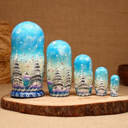 Nesting doll "Winter", Blue, 5 puppet, suite-1