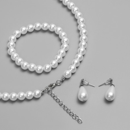Set 3 objects: earrings, beads, bracelet "Classic", white color, 45 cm-1