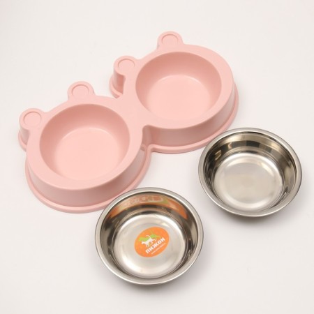 Metal dual bowl on a plastic basis 2 x 400 ml, 28 x 15.5 x 4 cm, pink-4