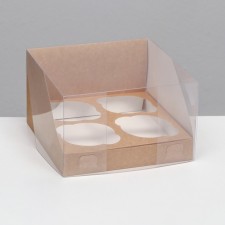 Кондитерская складная коробка для 4 капкейков, крафт 16 х 16 х 10 см