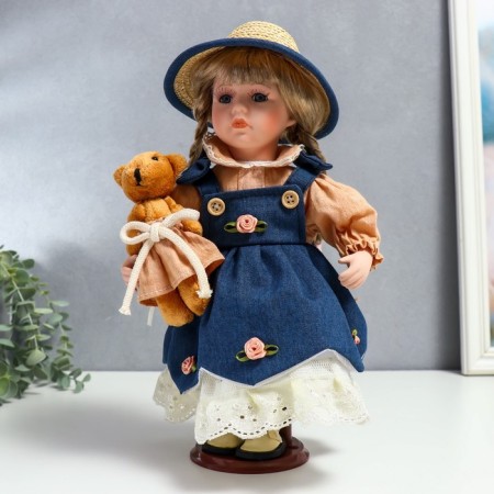 Doll Collectible Ceramics "Susie in a jeans dress, hat and with a bear" 30 cm
