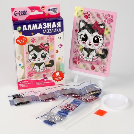 Diamond mosaic with a partial filling on the stand for children “Cute cat”, 10 x 15 cm, a set for creativity-1