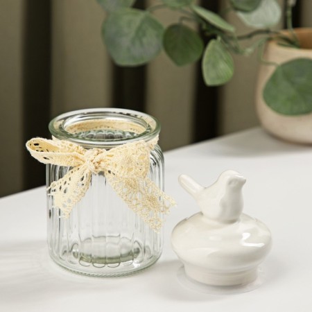 Glass Bank for bulk products with a ceramic cover "Bird", 300 ml, white color-1