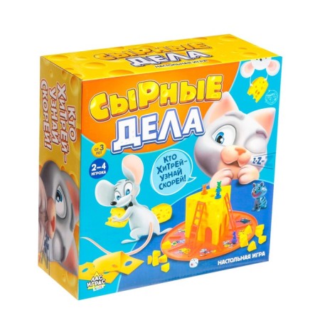 Board Brodiller "Cheese Affairs": cube, chips-mouse, cat, cheese pieces, 2-4 players, 3+-11