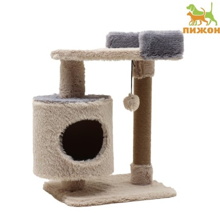 Complex for cats with a claw, with a lounger, 63 x 41 x 76 cm, fluffy fur, jute, gray