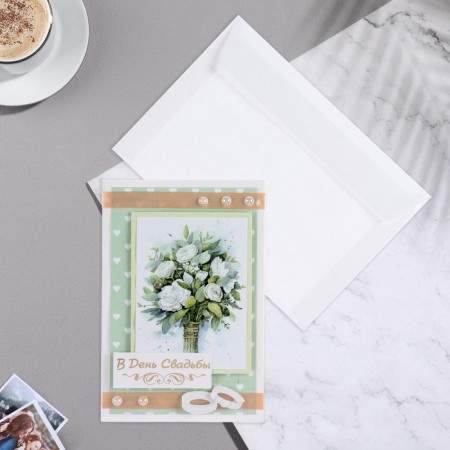 Postcard "On the Day of Wedding!" Handmade, white roses, 11.5x17 cm-1