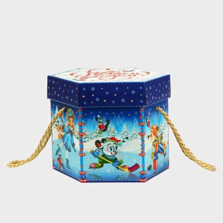 New Year. The gift box New Year's hexagon is small "Winter Fun" with rope pens, 210x210x185 mm.-1