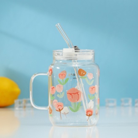 Glass can with a lid and pipe "Fresh", 500 ml, 10.5 × 7 × 12.6 cm, color mix-1