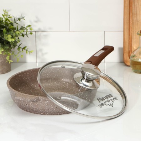Granite pan, d = 22 cm, removable handle, glass cover, anti -stick coating, brown color-1