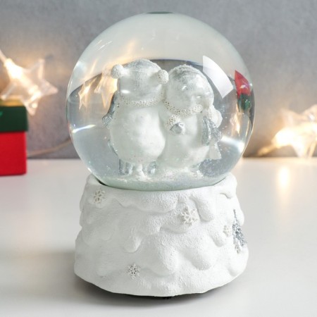 Souvenir Polystone Water Ball Music "Snowmen with skates" White from silver. 11.5x11.5x14 cm-2