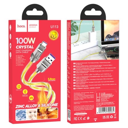 Hoco U113, Type -C cable - USB, 6 A, 1 m, braid transparent silicone, golden-4