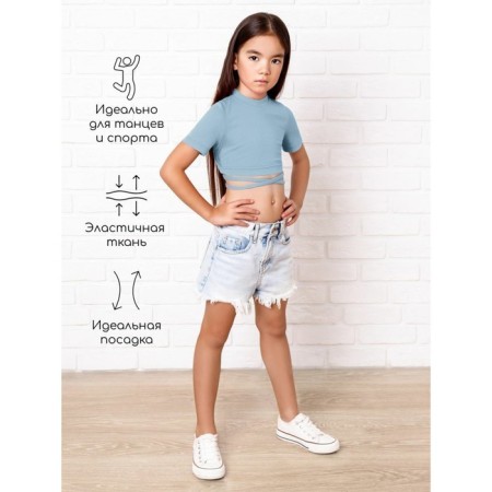 TOP for a girl with short sleeves on Generation ties, height 128 cm, blue color-2