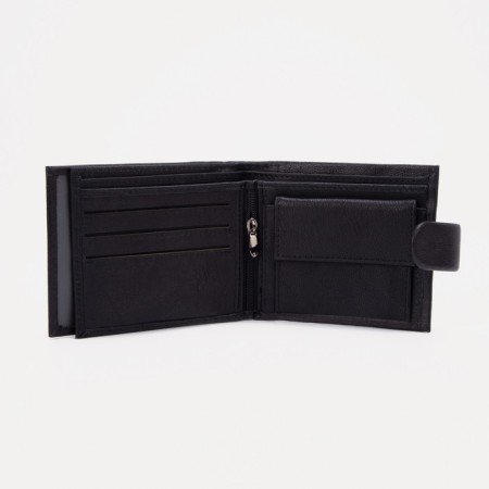 Male purse on a button, for bills, for cards, for coins, black color-3