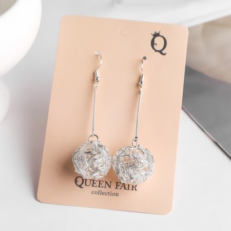 Earrings hanging "ball" interweaving, color light silver, 6.5 cm-2