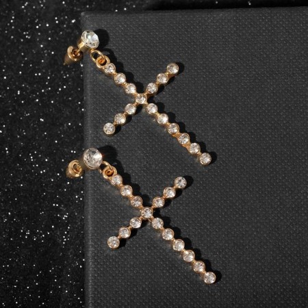 Earrings with rhinestones “crosses” with divisions, white color in gold-1