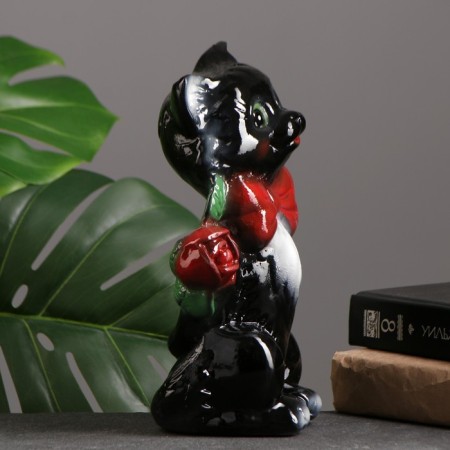 The piggy bank "Small cat with a rose" black, 20cm-1