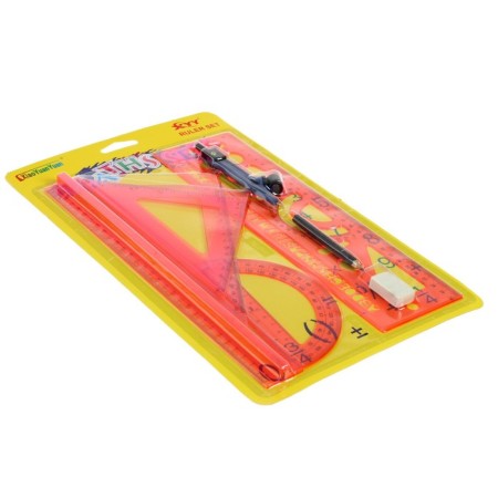 Set of geometric, drawing, blister: ruler 30 cm, 2 triangles, transporter, eraser, compass, ruler with stencils, tinted, mix-9