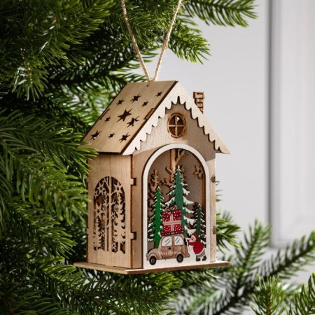 Christmas tree toy "House with Santa Claus and Machine", from batteries, glow of warm white-1