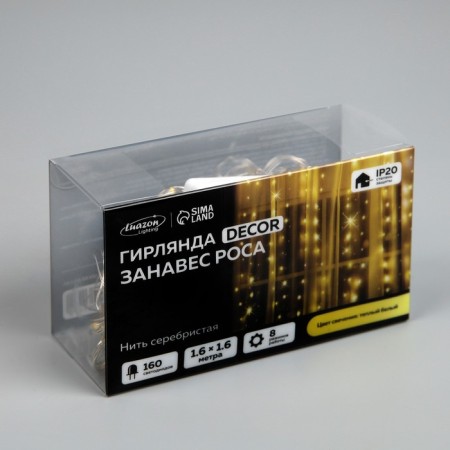 Garland "Curtain" 1.6 × 1.6 m dew, IP20, silver thread, 160 LED, warm white glow, 8 modes, 220 V-10