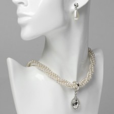 Set 2 objects: earrings, necklace “ladies” torsion, drops, white color in silver, 45 cm