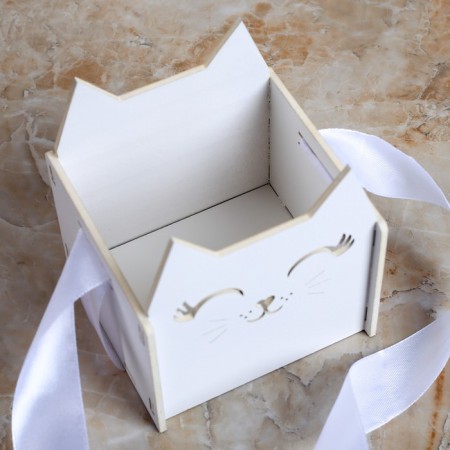 Kashpo wooden 10 × 9.5 × 11 cm Unique "Pussy", handle tape, white-1