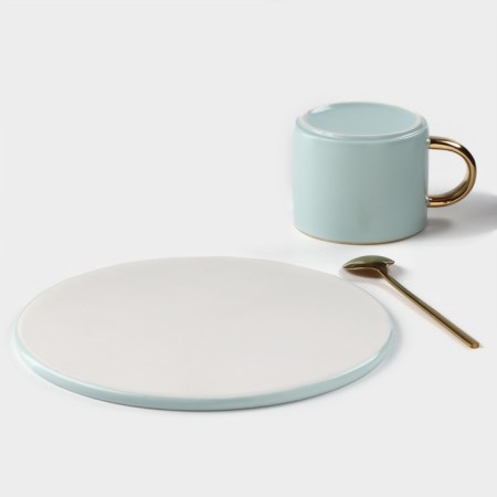 Coffee steam ceramic “love”, 3 objects: mug 200 ml, saucer d = 20 cm, spoon h = 14 cm, blue color-4