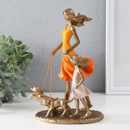 Souvenir Polystone "Mom with a daughter on a walk with dogs" bronze, orange 16x9.5x24 cm-1