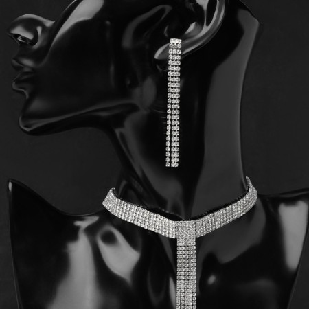 Set 2 objects: earrings, necklace "ice" path, white color in silver, 30 cm