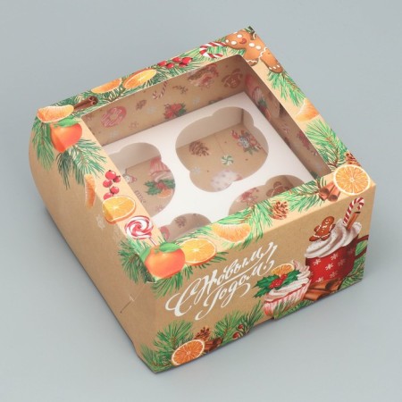 Box for cupcakes folding with bilateral application “Happy New Year!”, 16 x 16 x 10 cm, new year-1