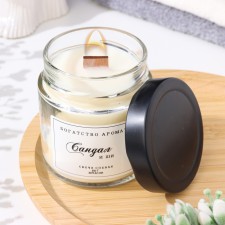 Aromatic candle made of soy wax in a bank, 150 g, wooden wick, sandalwood and shi