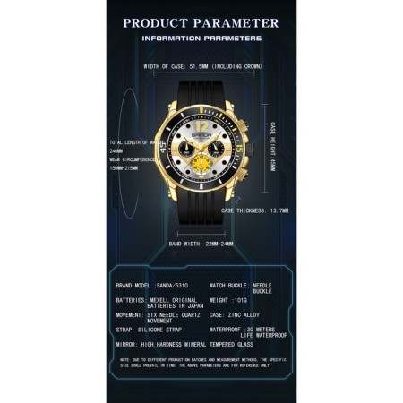 Watch of wrist, d-5.1 cm, waterproof, chronograph, silicone strap, luminous-2
