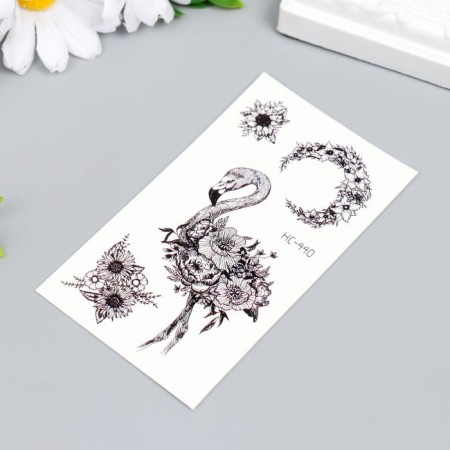 Black Flamingo and Flowers Tattoo Tattoo 10.5x6 cm-1