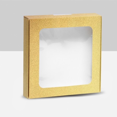 Self -charged box, with a window, gold, 16 x 16 x 3 cm