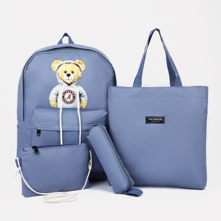 Set of a youth backpack from textiles, chopper, pencil case, bag, blue color