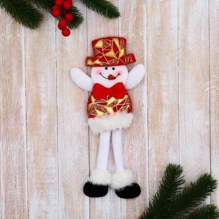 Soft suspension "Snowman in a shiny suit, long legs" 8x26 cm, red