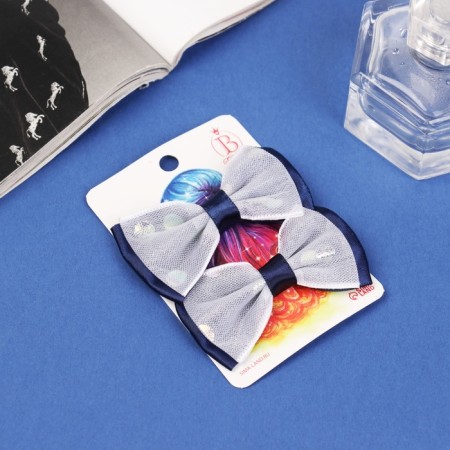 Hair clamp "Bow Vivian" (set 2 pcs) double circles, 6.5 cm, blue-white-2