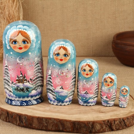 Nesting doll "Winter", Blue, 5 puppet, suite-10