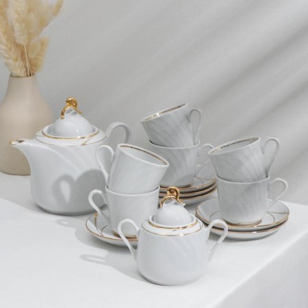Bomond Tea Porcelain Service, 14 objects: kettle 1 liter, 6 cups 220 ml, 6 saucer d = 14 sm, sugar tower 400 ml