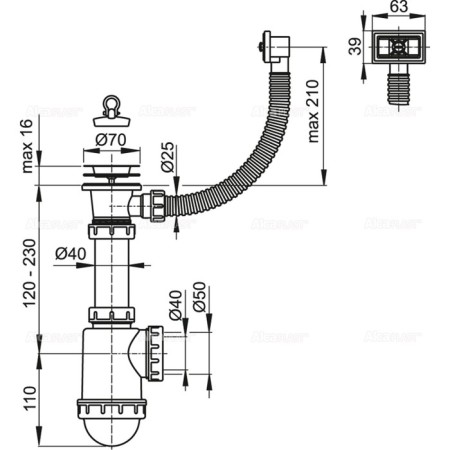 ALCAPLAST A444-DN50/40 siphon siphon, with stainless steel grille DN = 70 mm and corrugation-1
