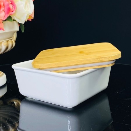 Lenardi baking dish, square, bamboo cover, porcelain, size 20x20 cm