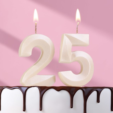 Candle in the cake jubilee "line" (set 2 in 1), number 25/52, pearl, 6.5 cm