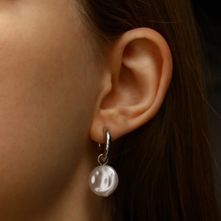 Earrings with the removable element "Transformer" pearl disk, white color in silver-2