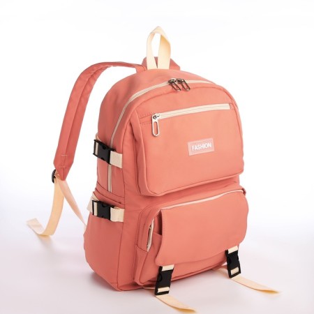 School backpack from textiles with a zipper, 4 pockets, coral color