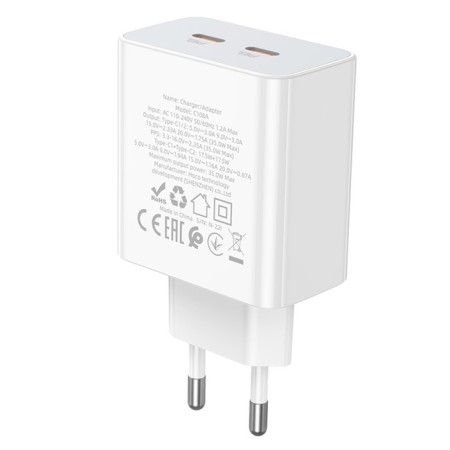 Network charger Hoco C108A, 2 Type-C, 35 W, PD + Qc, White-5