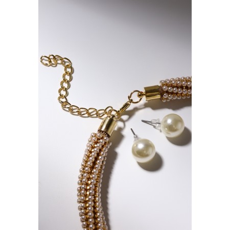 Set 2 objects: earrings, necklace with pearls "Giselle" dense thread, white-golden color, 35 cm-4