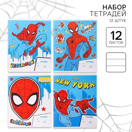 A set of notebooks 12 pieces, 12 sheets, September 1, in a ruler, a covered paper cover, spider-man