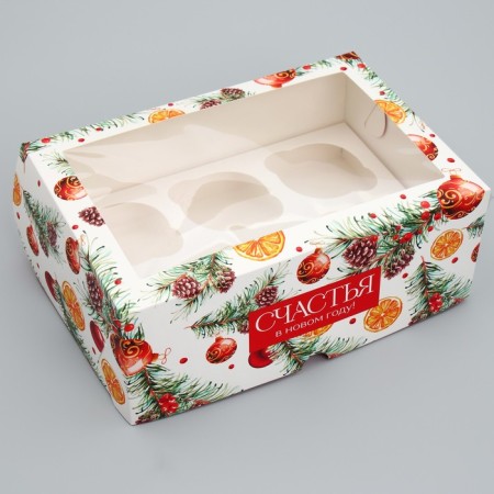 Folding box for 6 cupcakes with the window "Happiness in the New Year", 25 x 17 x 10 cm, New Year-1