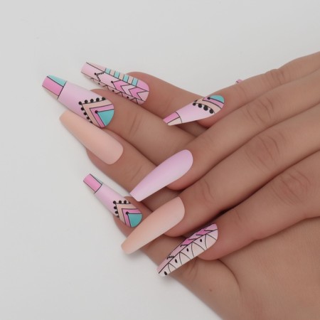 Follow Nails "Pattern", 12 pcs, with adhesive plates, ballerina shape, multi -colored-7