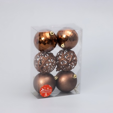 Set of balls plastic D-8 cm, 6 pcs "openwork overflow" brown-1