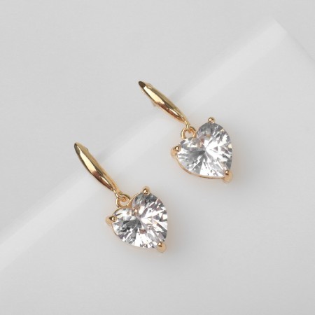 Earrings with rhinestones "Magic" hearts, white color in gold-1